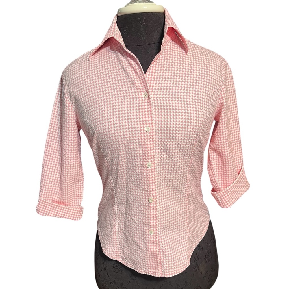 Alain Figaret Women’s Pink Woven Houndstooth Cotton Shirt Small Vintage